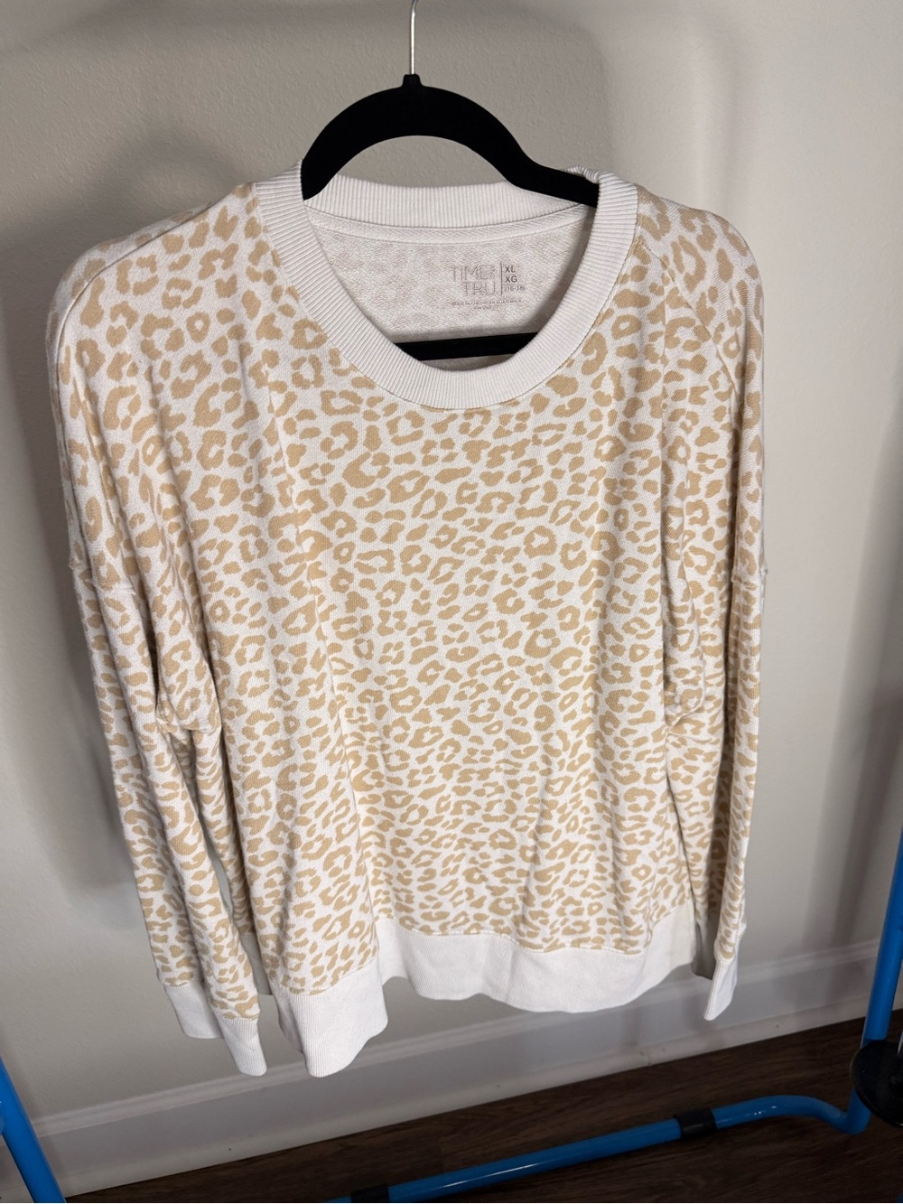 Time and Tru Cream and Light Beige Leopard Crewneck Sweater